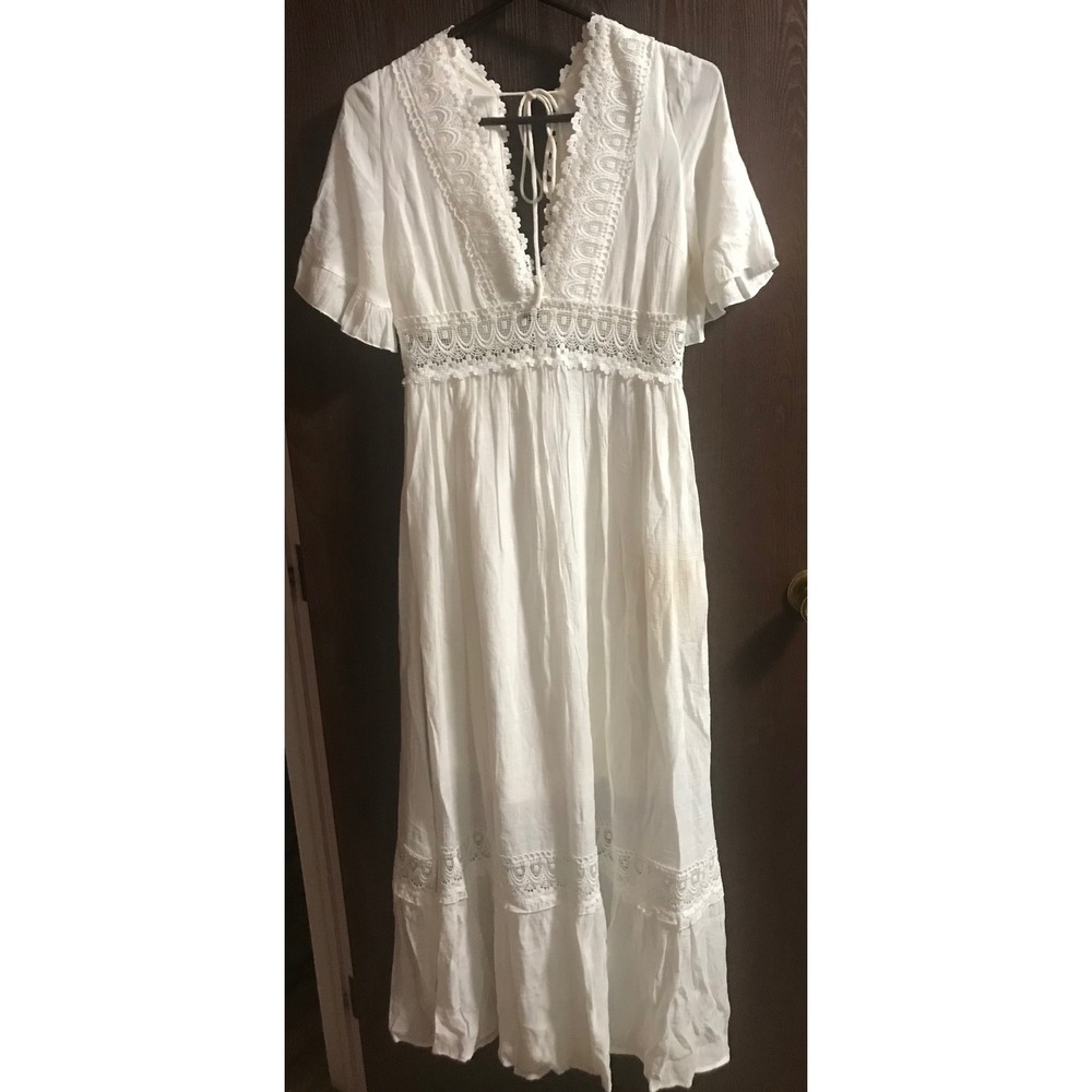Daisies‎ White Boho Crochet Lace Maxi Dress Lined Flutter Sleeve V-Neck Size M